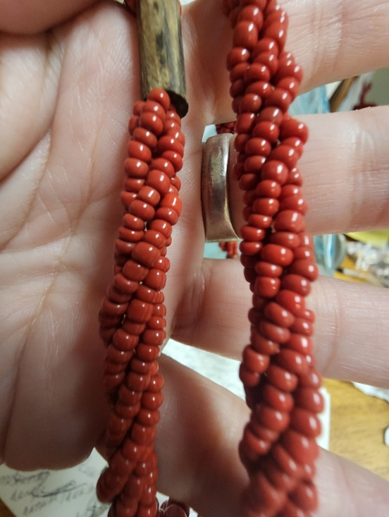 Artisan Shiwa Eye Shell Pendant and Red Glass Seed Beaded  Necklace - Picture 2 of 6